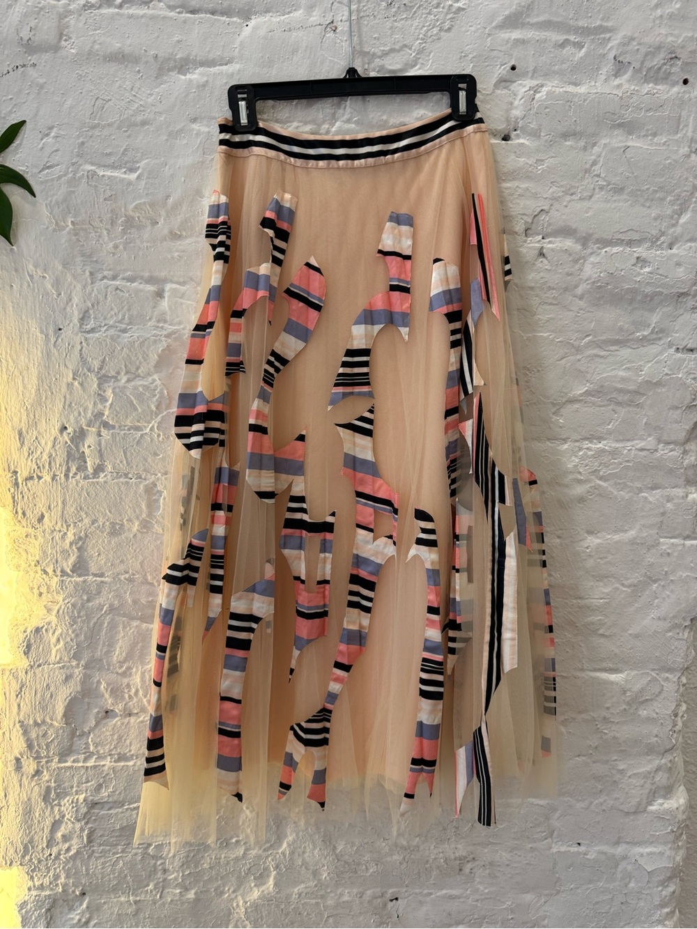 Anthropologie Beige Tulle Midi Skirt with Striped Ribbon Appliqué - Picture 2 of 3